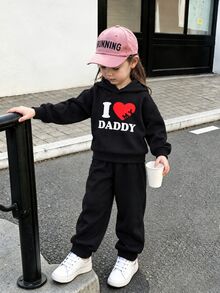 2 PCS/Set Baby Girls Clothes Daddy Heart Letter Print Long Sleeve Hoodie And Jogger Pants Set Fall Winter Slogan Tracksuit Outfit Black And Red - Black - View 3