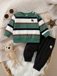 SHEIN 2pcs Set Newborn Casual Knitted Striped Print Crew Neck Long Sleeve Top + Solid Color Print Long Pants, Versatile Outfit Autumn Fall - Multicolor - View 1