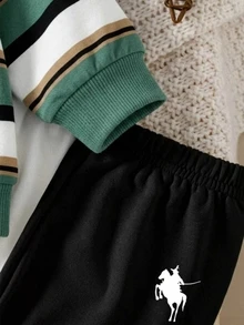SHEIN 2pcs Set Newborn Casual Knitted Striped Print Crew Neck Long Sleeve Top + Solid Color Print Long Pants, Versatile Outfit Autumn Fall - Multicolor - View 3