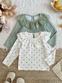 SHEIN 女嬰甜美波點長袖T恤多件套裝，春秋嬰幼兒荷葉邊大領內搭上衣，適合女嬰日常休閒、公園散步、家庭出遊，白色波點款柔軟甜美，綠色鏤空領款清新時尚 - 彩色 - 查看 8