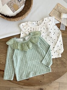 SHEIN 女嬰甜美波點長袖T恤多件套裝，春秋嬰幼兒荷葉邊大領內搭上衣，適合女嬰日常休閒、公園散步、家庭出遊，白色波點款柔軟甜美，綠色鏤空領款清新時尚 - 彩色 - 查看 5