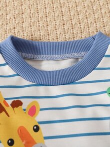 SHEIN 2pcs/Set Newborn Baby Boy Striped Knit Ribbed Crew Neck Animal Print Long Sleeve Top & Pants, Casual Cute & Fun - Blue - View 4