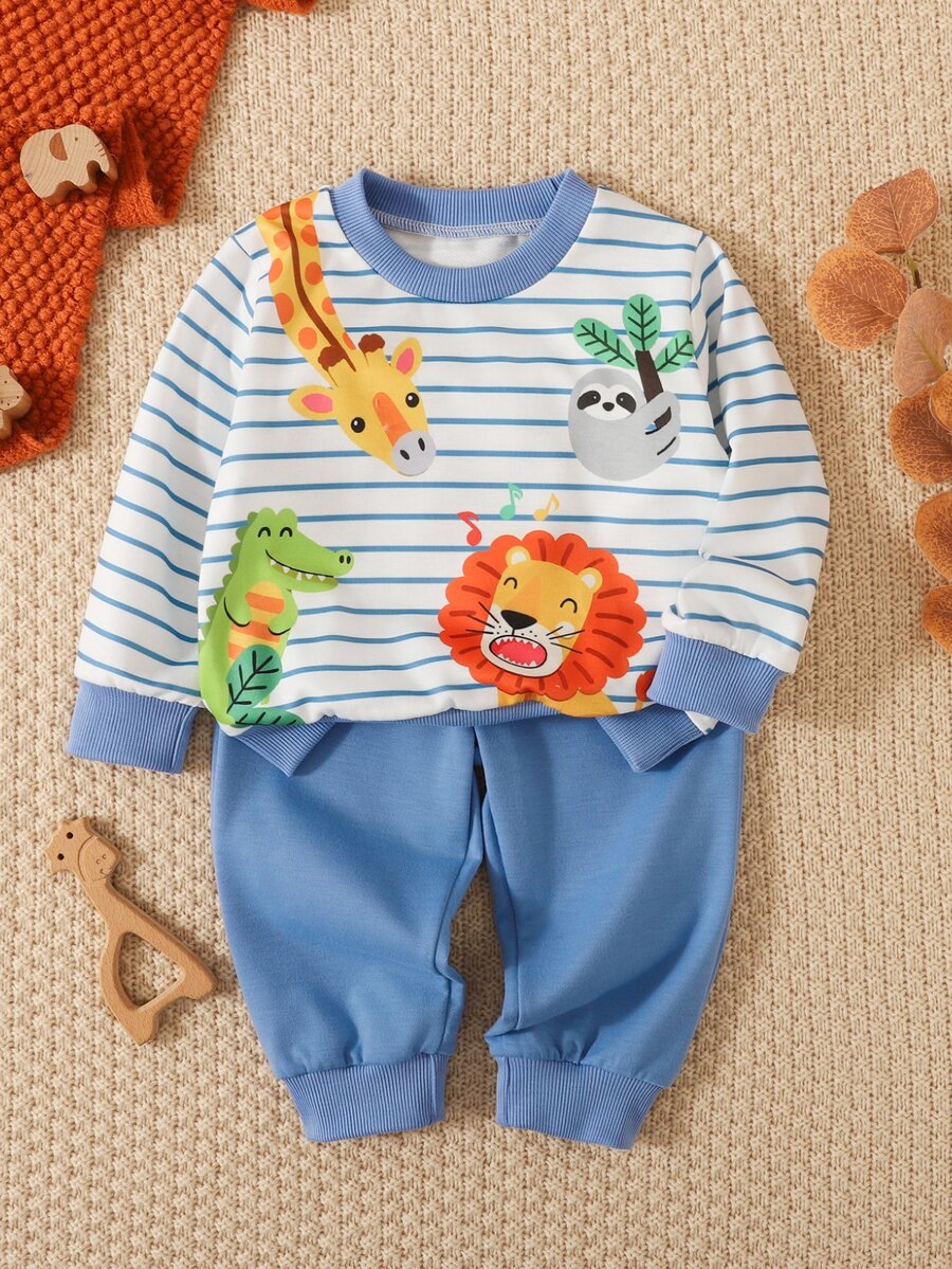 SHEIN 2pcs/Set Newborn Baby Boy Striped Knit Ribbed Crew Neck Animal Print Long Sleeve Top & Pants, Casual Cute & Fun - Blue - View 1