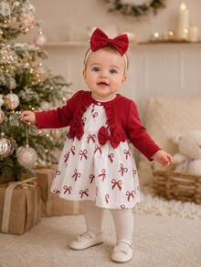 SHEIN 3pcs Baby Girl Dress Cardigan Sweet Princess Red White Bow Ruffle Print Long Sleeve Round Neck Regular Birthday Party Fall Christmas Holiday Festive - Red - View 3
