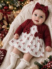 SHEIN 3pcs Baby Girl Dress Cardigan Sweet Princess Red White Bow Ruffle Print Long Sleeve Round Neck Regular Birthday Party Fall Christmas Holiday Festive - Red - View 2