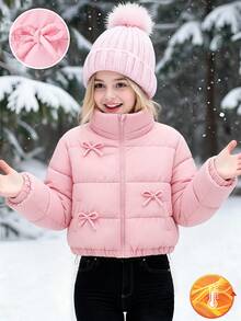 SHEIN 少女冬季甜美風米色立領燈芯絨加厚棉襖，對比內裡、鈕扣開合加厚外套 - 淺粉色 - 查看 9