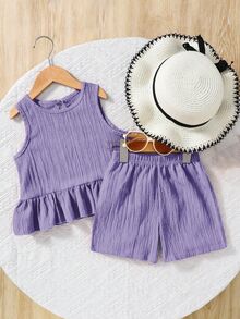 SHEIN Young Girl Woven Solid Color Round Neck Sleeveless Tank Top And Loose Woven Solid Color Shorts 2-Piece Set - Purple - View 2