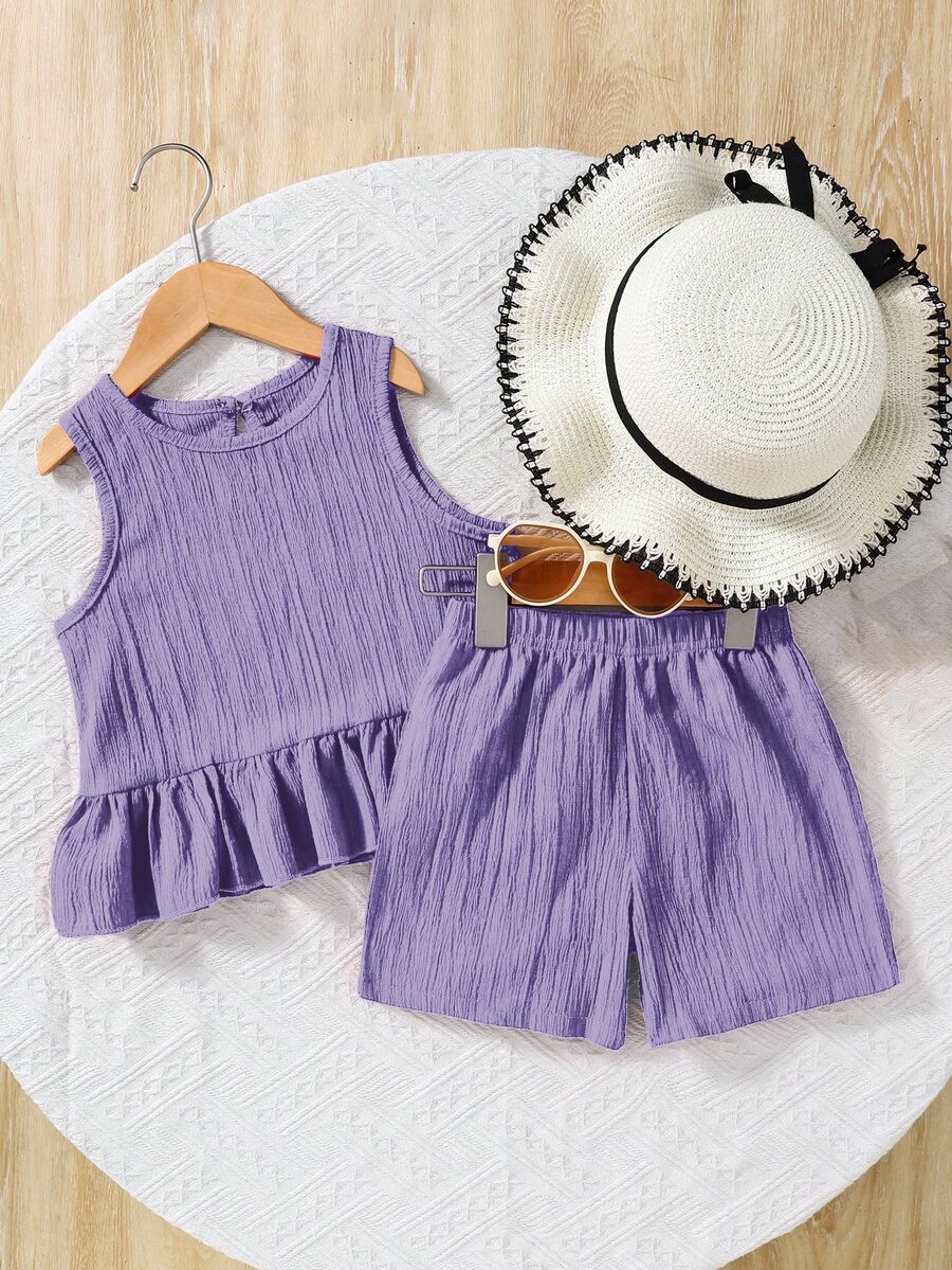 SHEIN Young Girl Woven Solid Color Round Neck Sleeveless Tank Top And Loose Woven Solid Color Shorts 2-Piece Set