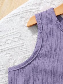SHEIN Young Girl Woven Solid Color Round Neck Sleeveless Tank Top And Loose Woven Solid Color Shorts 2-Piece Set - Purple - View 5