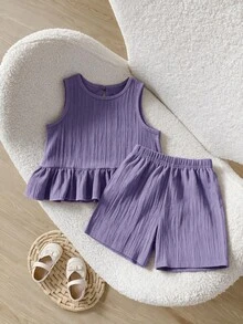 SHEIN Young Girl Woven Solid Color Round Neck Sleeveless Tank Top And Loose Woven Solid Color Shorts 2-Piece Set - Purple - View 4