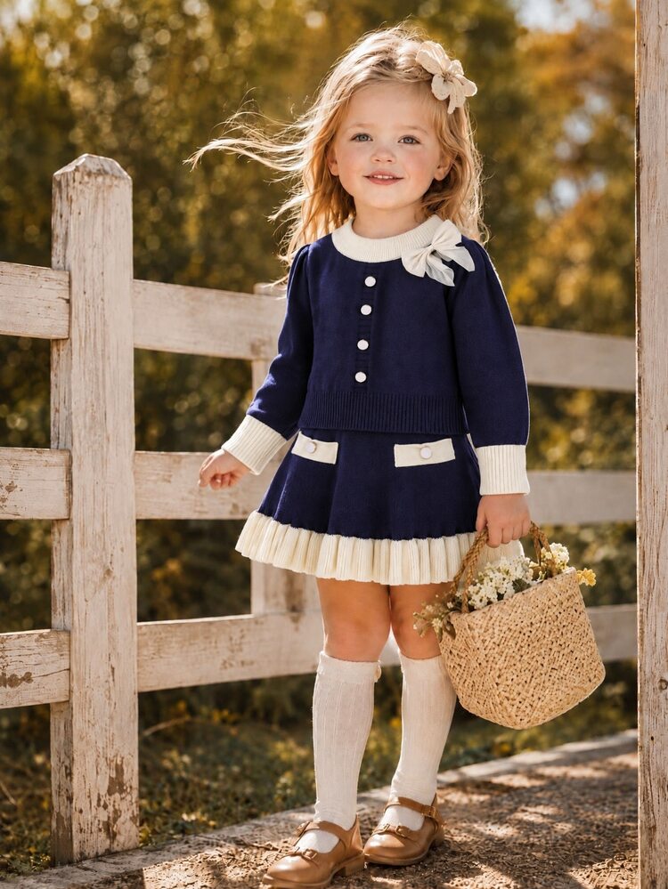 SHEIN Fall Clothes Winter Toddler Girl Ruffle Trim Long Sleeve Bow Sweater Set, Back To School Party Family Matching, Cozy Soft, Christmas Casual Navy Blue - Navy Blue - View 3