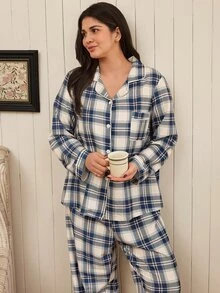 Doze Lane Minimalist Classic Plaid Long Sleeve Pajama Set, Comfortable Casual Loungewear 2 Pieces Set - Multicolor - View 1
