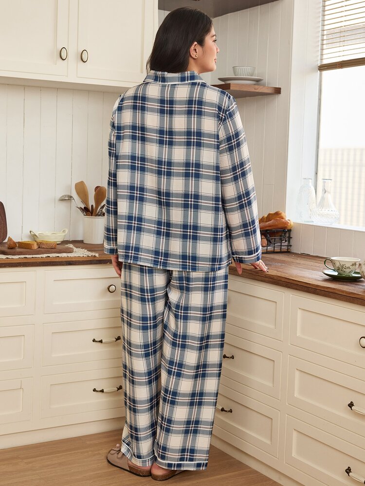 Doze Lane Minimalist Classic Plaid Long Sleeve Pajama Set, Comfortable Casual Loungewear 2 Pieces Set - Multicolor - View 2