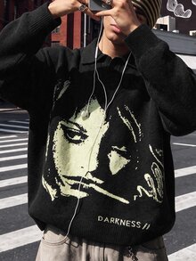 NEOSTRIT Men's Letter & Face Graphic Casual Everyday Long Sleeve Sweater, Fall/Winter Unisex Style, Couple Outfit, Best Holiday Gift - Black - View 1