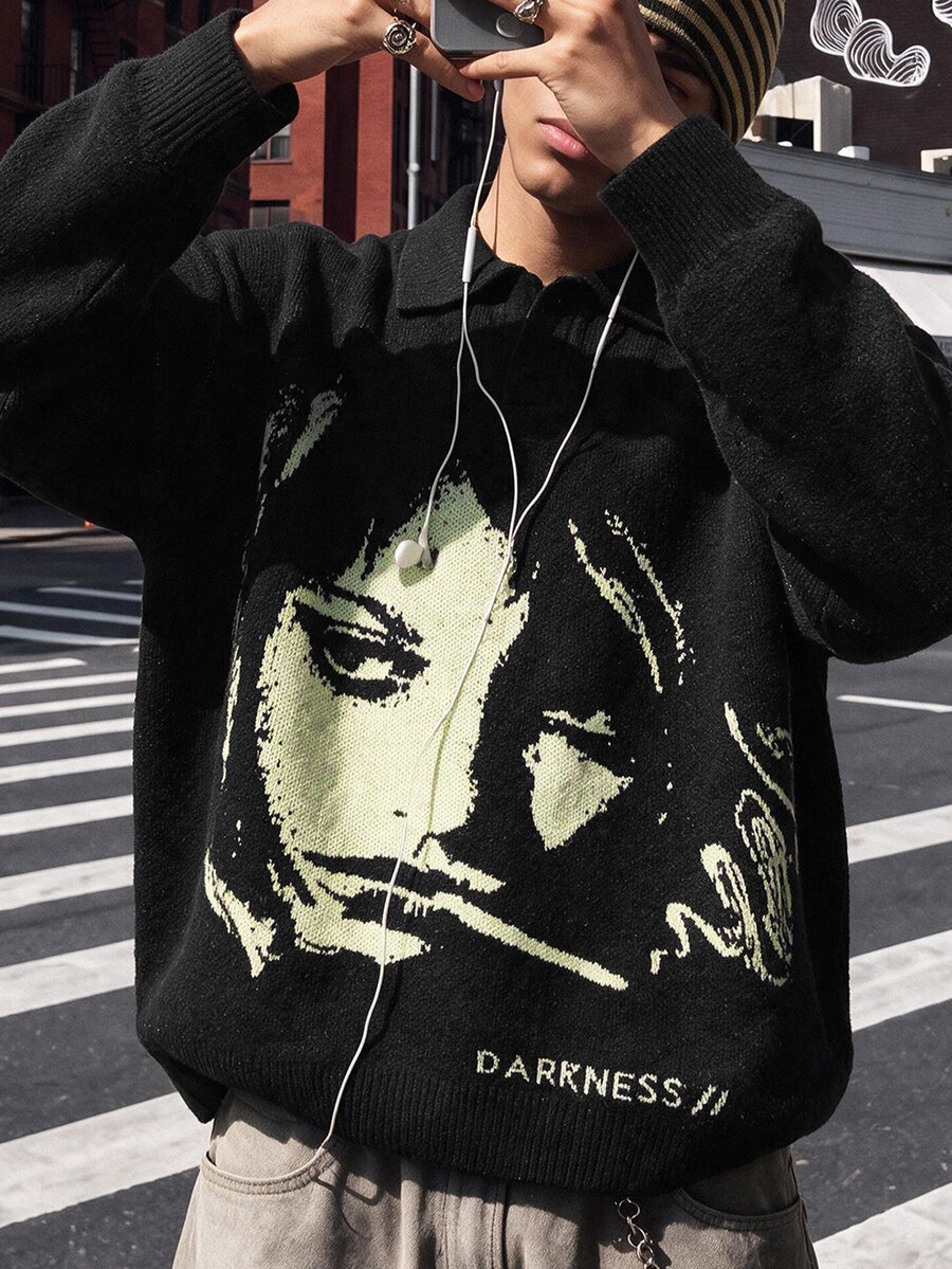 NEOSTRIT Men's Letter & Face Graphic Casual Everyday Long Sleeve Sweater, Fall/Winter Unisex Style, Couple Outfit, Best Holiday Gift - Black - View 1