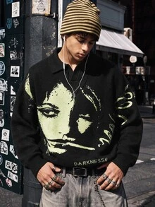 NEOSTRIT Men's Letter & Face Graphic Casual Everyday Long Sleeve Sweater, Fall/Winter Unisex Style, Couple Outfit, Best Holiday Gift - Black - View 5