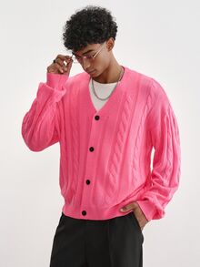 TOKVUE Men's Cable Knit Long Sleeve Single-Breasted Casual Cardigan - Hot Pink - View 3