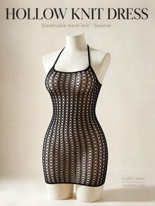 SHEIN Swim Women's Solid Color Hollow Design Halter Neck Cover-Up Dress - Black - View 5