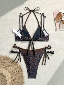 Oceva Women's 2-Piece Leopard Print Random Pattern Summer Sexy 2 In 1 Spaghetti Strap Tie-Up Top And Side Tie Triangle Bikini Set - Multicolor - View 4