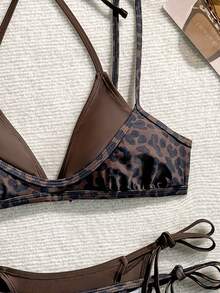 Oceva Women's 2-Piece Leopard Print Random Pattern Summer Sexy 2 In 1 Spaghetti Strap Tie-Up Top And Side Tie Triangle Bikini Set - Multicolor - View 7