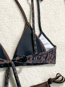 Oceva Women's 2-Piece Leopard Print Random Pattern Summer Sexy 2 In 1 Spaghetti Strap Tie-Up Top And Side Tie Triangle Bikini Set - Multicolor - View 6