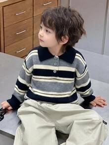 Dazy Kids Young Boys Polo Collar Striped Colorblock Thick Knit Sweater Top, Autumn/Winter - Grey - View 7