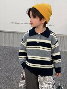 Dazy Kids Young Boys Polo Collar Striped Colorblock Thick Knit Sweater Top, Autumn/Winter - Grey - View 4