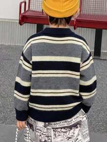 Dazy Kids Young Boys Polo Collar Striped Colorblock Thick Knit Sweater Top, Autumn/Winter - Grey - View 2
