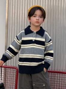 Dazy Kids Young Boys Polo Collar Striped Colorblock Thick Knit Sweater Top, Autumn/Winter - Grey - View 5