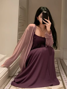 DAZY Women's Solid Color Pleated Spaghetti Strap Dress And Cardigan Casual Daily Home Sleepwear Set - Purple - View 1