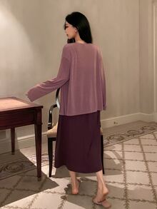 DAZY Women's Solid Color Pleated Spaghetti Strap Dress And Cardigan Casual Daily Home Sleepwear Set - Purple - View 2
