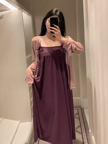 DAZY Women's Solid Color Pleated Spaghetti Strap Dress And Cardigan Casual Daily Home Sleepwear Set - Purple - View 3