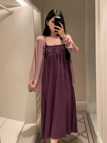 DAZY Women's Solid Color Pleated Spaghetti Strap Dress And Cardigan Casual Daily Home Sleepwear Set - Purple - View 4