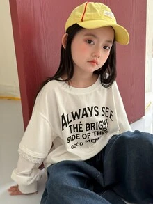 Dazy Kids Tween Girl Letter Graphic 2 In 1 Patchwork Casual Versatile Daily Wear T-Shirt Fall - White - View 8