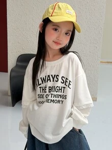 Dazy Kids Tween Girl Letter Graphic 2 In 1 Patchwork Casual Versatile Daily Wear T-Shirt Fall - White - View 6