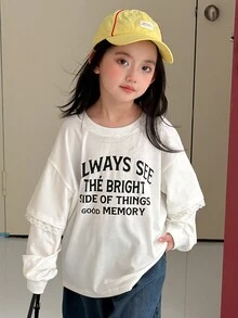 Dazy Kids Tween Girl Letter Graphic 2 In 1 Patchwork Casual Versatile Daily Wear T-Shirt Fall - White - View 2