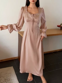 DAZY 女款素色百褶休閒居家睡裙 秋季 - 粉色 - 查看 1