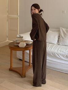 DAZY Women's Lace-Up Long Sleeve Top And Jacquard Long Pants Pajama Set - Coffee Brown - View 2