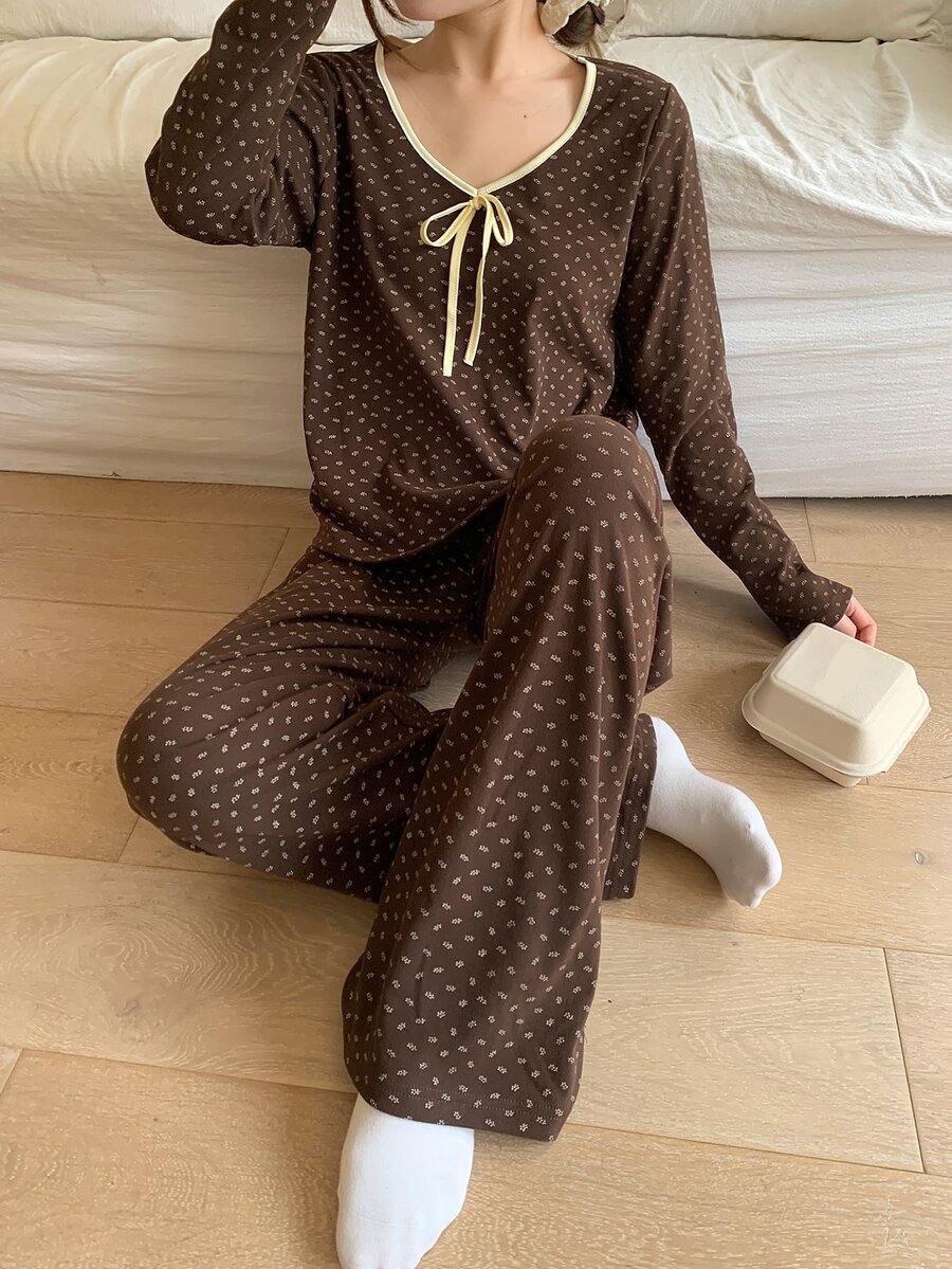 DAZY Women's Lace-Up Long Sleeve Top And Jacquard Long Pants Pajama Set - Coffee Brown - View 1
