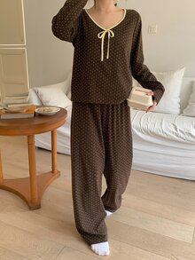 DAZY Women's Lace-Up Long Sleeve Top And Jacquard Long Pants Pajama Set - Coffee Brown - View 4