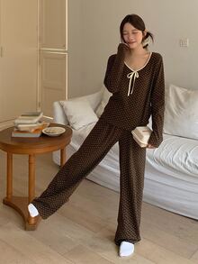 DAZY Women's Lace-Up Long Sleeve Top And Jacquard Long Pants Pajama Set - Coffee Brown - View 6