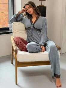 DAZY Women's Contrast Lace Front Tie Long Sleeve Top And Pants Pajama Set Fall - Blue - View 6