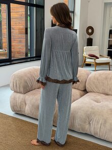 DAZY Women's Contrast Lace Front Tie Long Sleeve Top And Pants Pajama Set Fall - Blue - View 2