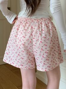 DAZY 2PCS Women Sleep Bottoms Lounge Pink And Red White Floral Casual Cute - Multicolor - View 2