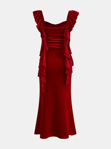 SHEIN Teen Girl Teen Girls Elegant Red Velvet Ruffle Pleated Ribbon Dress, Long Mermaid Hem, For Party, New Year, Christmas Autumn - Red - View 2