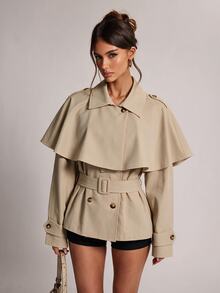 SHEIN BAE Women's Fashionable Cape-Style Button Long Sleeve Trench Coat - Khaki - View 1