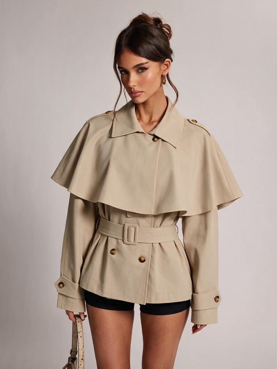 SHEIN BAE Women's Fashionable Cape-Style Button Long Sleeve Trench Coat - Khaki - View 1