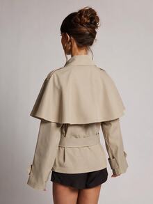 SHEIN BAE Women's Fashionable Cape-Style Button Long Sleeve Trench Coat - Khaki - View 2