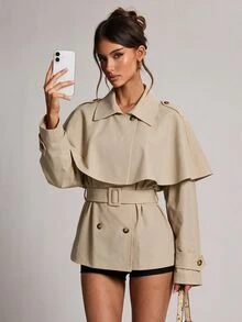 SHEIN BAE Women's Fashionable Cape-Style Button Long Sleeve Trench Coat - Khaki - View 4