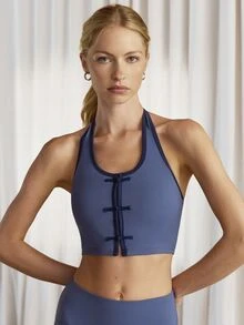 Nöista Part Of A Set, Activewear Halter Top With Contrast Color And Buttons On The Front, Perfect Confort For Casual Looks In Fall Winter, Barre, Yoga, Gym  - Blue - View 4